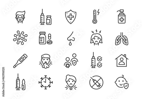 Flu, Coronavirus and Vaccine icons. Set of 20 trendy minimal icons. Wearing Mask, Virus, Vaccine, Flu disease prevention icons. Design signs for banner, web page, mobile app. Vector illustration