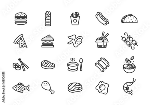 Food icons. Set of 20 food trendy minimal icons. Burger, ribs, fries, taco icon etc. Design signs for cafe, restaurant menu, web page, mobile app, logo, banner, packaging design. Vector illustration photo