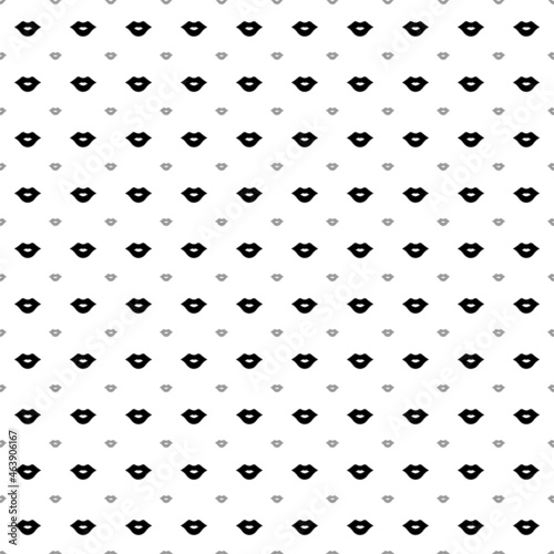 Square seamless background pattern from black lips symbols are different sizes and opacity. The pattern is evenly filled. Vector illustration on white background