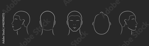 Set of human head icons. Head guidelines for barbershop, haircut salon. Lined male head in different angles isolated on black background. Vector illustration