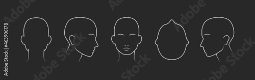Head guidelines for barbershop, haircut salon, fashion. Lined human head in different angles isolated on black background. Set of human head icons. Vector illustration