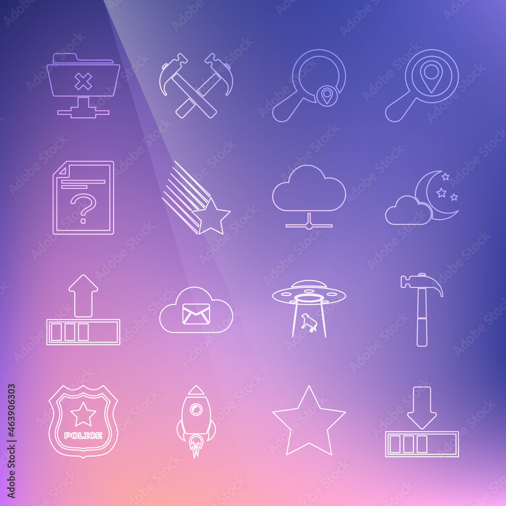 Set line Loading, Hammer, Cloud with moon and stars, Search location, Falling, Unknown document, FTP cancel operation and Network cloud connection icon. Vector Set line Loading, Hammer, Cloud with moon and stars, Search location, Falling, Unknown document, FTP cancel operation and Network cloud connection icon. Vector