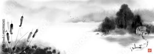 Reed grass and misty riverside. Traditional oriental ink painting sumi-e, u-sin, go-hua. Translation of hieroglyph - silence