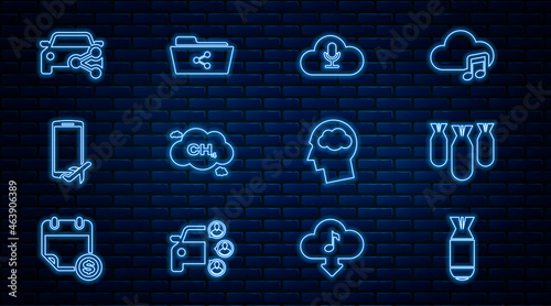 Set line Aviation bomb, bombs, Music streaming service, Methane emissions reduction, Flight mode the mobile, Car sharing, Head silhouette with cloud and Share folder icon. Vector