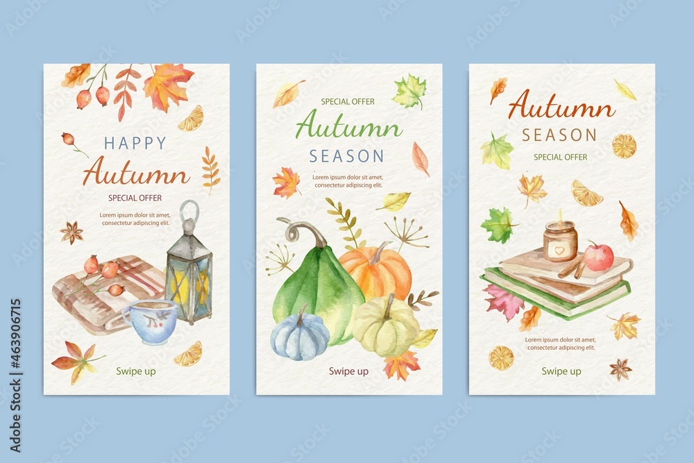 watercolor autumn instagram stories collection vector design illustration