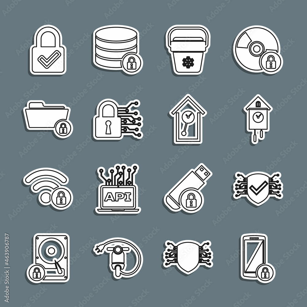 Set line Smartphone with lock, Cyber security, Retro wall watch, Cooler bag, Folder and, Lock check mark and icon. Vector Set line Smartphone with lock, Cyber security, Retro wall watch, Cooler bag, Folder and, Lock check mark and icon. Vector