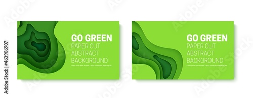 Go green abstract background in paper cut style. 3d layout wallpaper cut out from cardboard. Modern template with abstract curve shapes. Vector environmental card with papercut waves for eco poster.