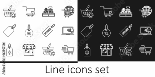 Set line Shopping cart, on laptop, Cash register machine, Discount percent tag, Label template price, Refresh shopping basket, Price with Free and cursor icon. Vector