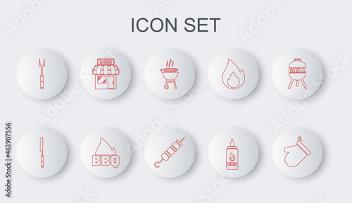 Set line Oven glove, Barbecue knife, grilled shish kebab, Ketchup bottle, fork, shopping building, fire flame and Grilled icon. Vector