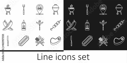 Set line Steak meat, Grilled shish kebab, Location with barbecue, Ketchup bottle, Crossed hot chili pepper pod, Barbecue grilled, Sausage the fork and icon. Vector