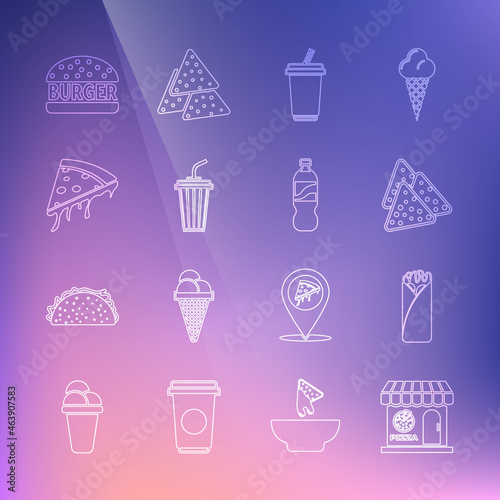 Set line Pizzeria building facade  Burrito  Nachos  Glass with water  Slice of pizza  Burger and Bottle icon. Vector