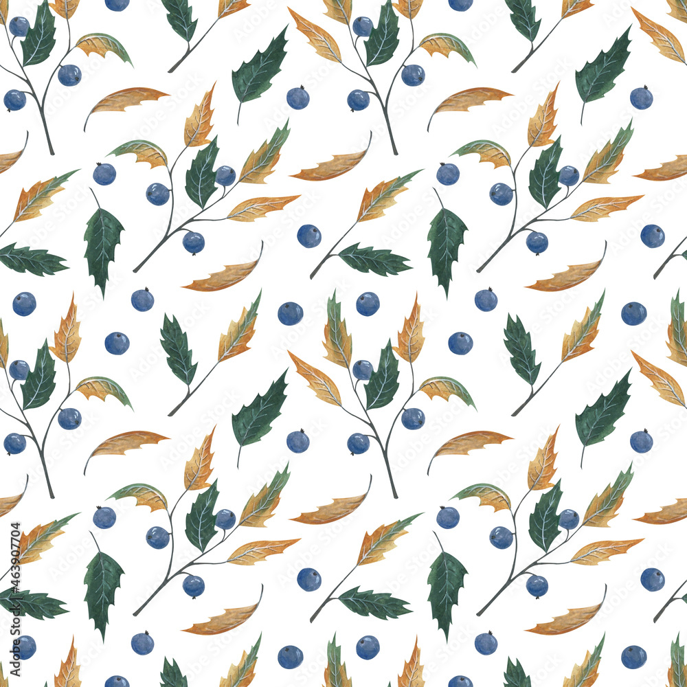 Watercolor hand-painted floral seamless pattern. Autumn branches and berries