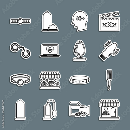 Set line Sex shop building, Spanking paddle, Dildo vibrator for sex games, Head with 18 plus, Laptop content, Sexy fluffy handcuffs, Silicone ball gag and Anal plug icon. Vector