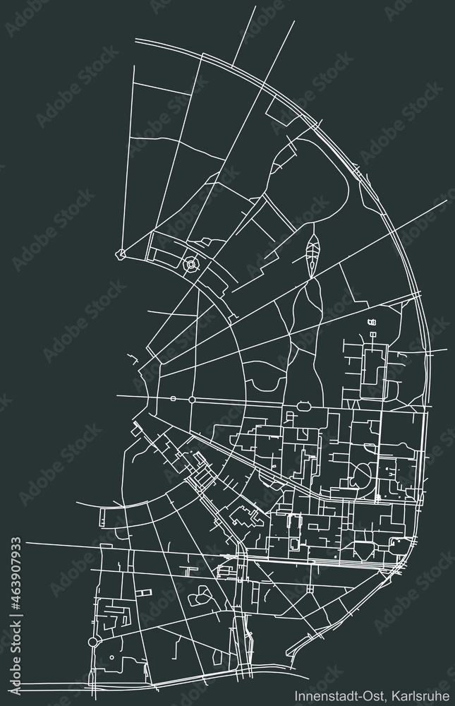Detailed navigation urban street roads map on vintage beige background of the quarter Innenstadt-Ost district of the German regional capital city of Karlsruhe, Germany