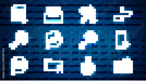 Set line Interesting facts, Mobile service, Crossed hammer and wrench, Speech bubble with snoring, Microorganisms under magnifier, File document, and Drawer documents icon. Vector