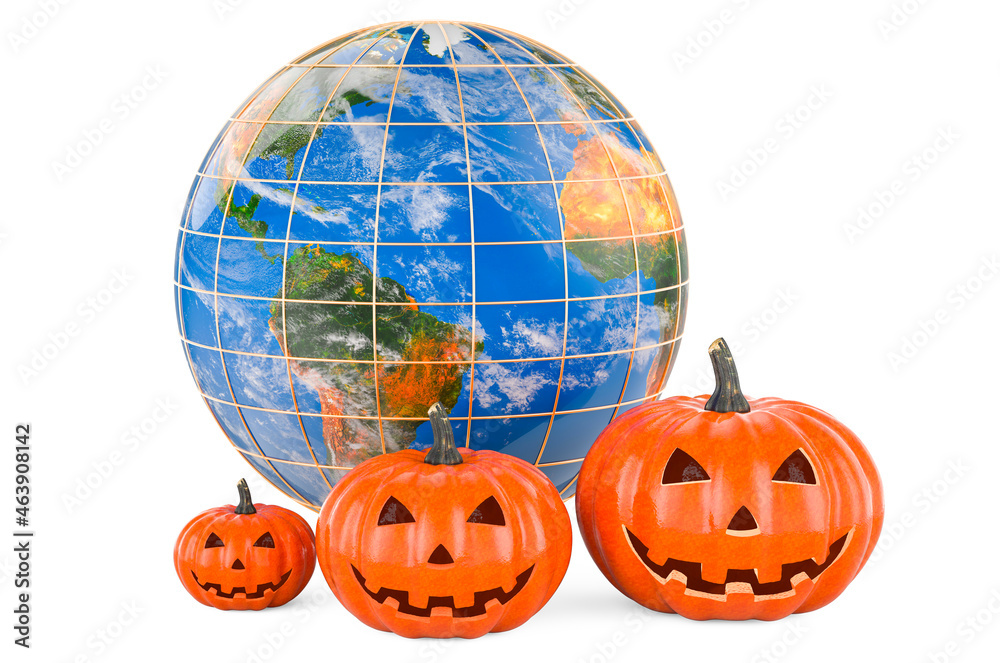 Halloween pumpkins with Earth Globe. 3D rendering Halloween pumpkins with Earth Globe. 3D rendering