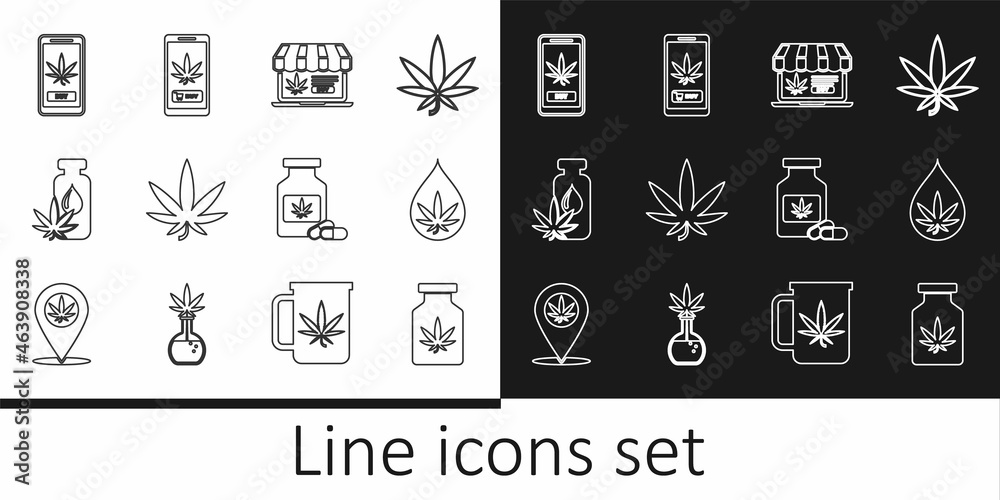 Set line Medical bottle with marijuana, Marijuana or cannabis leaf oil, Online buying, and icon. Vector