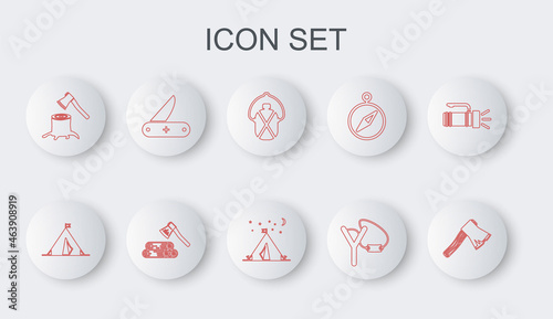 Set line Old wooden axe, Tourist tent with flag, Canteen water bottle, Slingshot, Wooden stump, Swiss army knife, and and icon. Vector