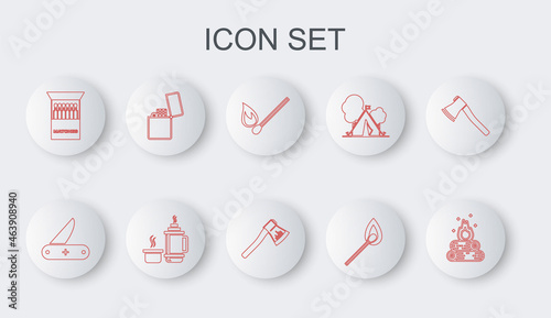 Set line Campfire, Swiss army knife, Burning match with, Open matchbox and matches, Lighter, Thermos container and Wooden axe icon. Vector