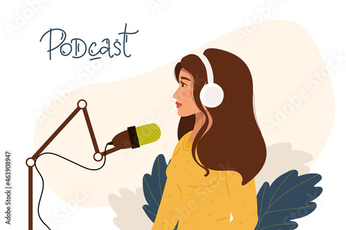 Girl sits at table with microphone, in headphones records a podcast. Concept of creating podcast, blogging.Flat woman interviews, conducts webinar, online courses. Vector, Isolated