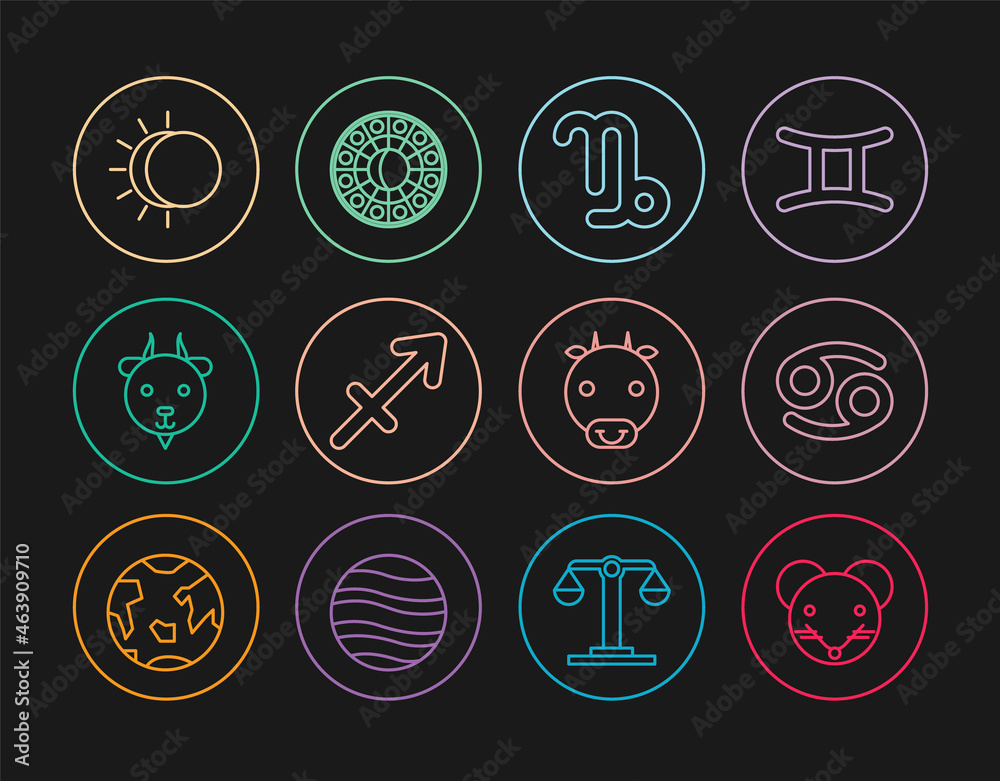 Set line Rat zodiac, Cancer, Capricorn, Sagittarius, Aries, Eclipse of the sun, Ox and Astrology horoscope circle icon. Vector Set line Rat zodiac, Cancer, Capricorn, Sagittarius, Aries, Eclipse of the sun, Ox and Astrology horoscope circle icon. Vector