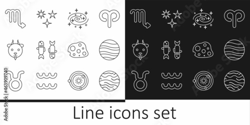 Set line Planet Venus, Jupiter, Milky way spiral galaxy, Pisces zodiac, Aries, Scorpio, Asteroid and Falling star icon. Vector