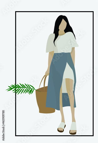 A young girl in a long T-shirt and a blue skirt. Vector flat illustration of a girl. Bag with a green branch. Summer look. Design for cards, posters, backgrounds, templates, textiles, avatars.