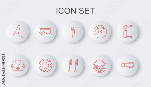 Set line Car door handle, Speedometer, muffler, Steering wheel, handbrake, tire and Windscreen wiper icon. Vector