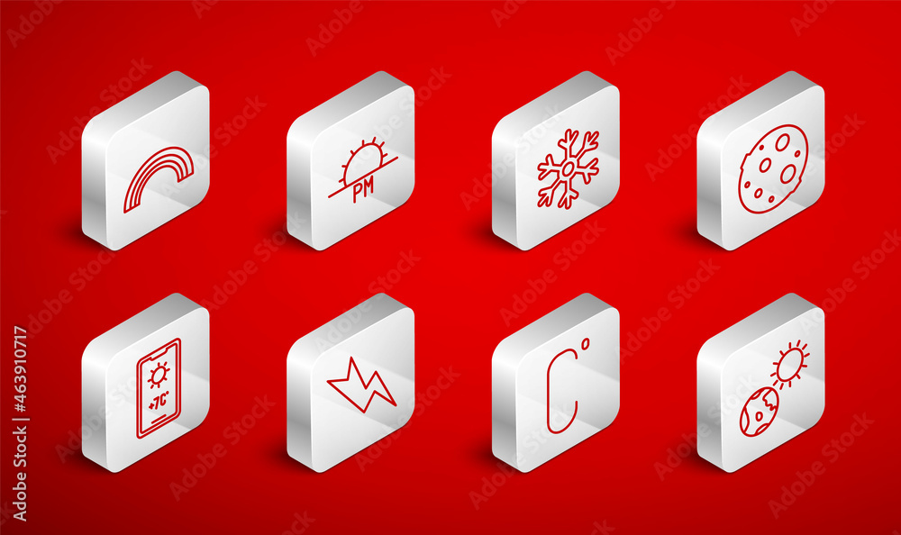 Set line Earth globe and sun, Sunset, Snowflake, Moon, Celsius, Rainbow, Lightning bolt and Weather forecast icon. Vector Set line Earth globe and sun, Sunset, Snowflake, Moon, Celsius, Rainbow, Lightning bolt and Weather forecast icon. Vector