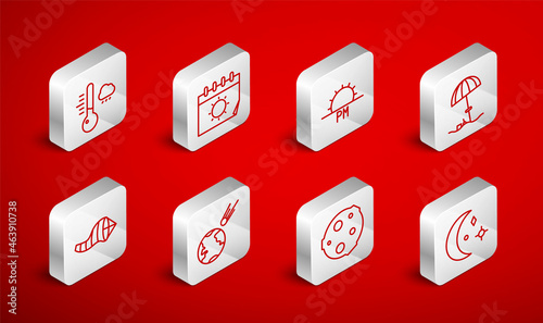 Set line Moon and stars, Calendar sun, Sunset, protective umbrella for beach, Meteorology thermometer, Comet falling down fast and Cone meteorology windsock wind vane icon. Vector