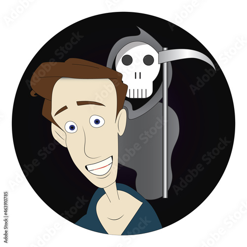 Scared man with reaper in the background round sticker label