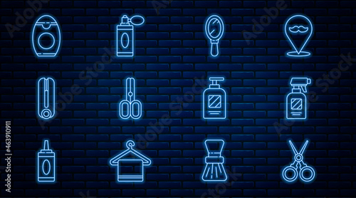 Set line Scissors hairdresser, Hairdresser pistol spray bottle, Hand mirror, Curling iron for, Bottle of shampoo, and Aftershave with atomizer icon. Vector
