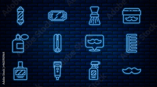 Set line Mustache, Hairbrush, Shaving, Curling iron for hair, Aftershave bottle with atomizer, Classic Barber shop pole, Barbershop and Hand mirror icon. Vector