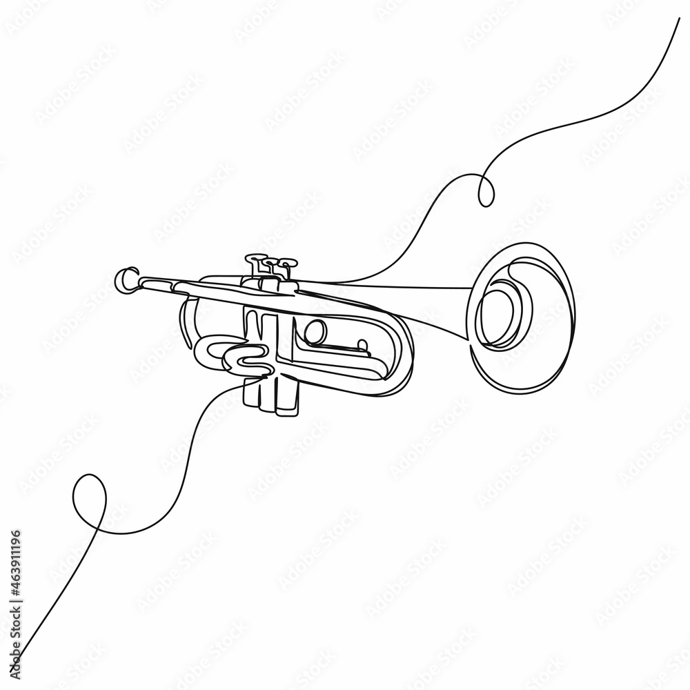 Vector continuous one single line drawing of music trumpet in silhouette on a white background. Linear stylized. - obrazy, fototapety, plakaty 