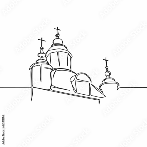 Vector continuous one single line drawing of cathedral in silhouette on a white background. Linear stylized.