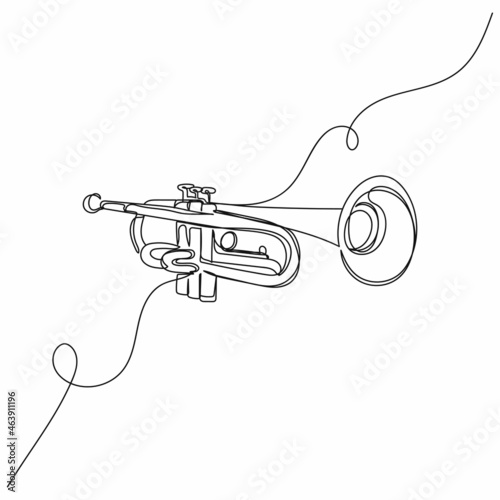 Vector continuous one single line drawing of music trumpet in silhouette on a white background. Linear stylized.