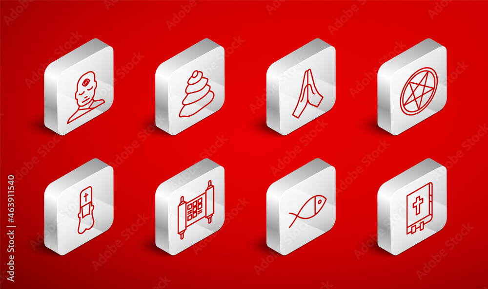 Set line Holy bible book, Stack hot stones, Hands in praying position, Pentagram circle, Christian fish, Man with third eye, Decree, paper, parchment, scroll and Priest icon. Vector Set line Holy bible book, Stack hot stones, Hands in praying position, Pentagram circle, Christian fish, Man with third eye, Decree, paper, parchment, scroll and Priest icon. Vector