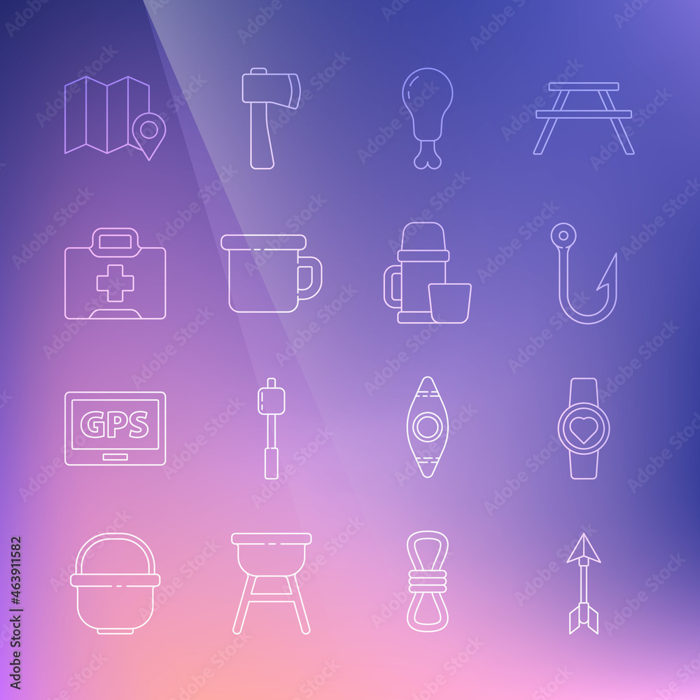 Set line Hipster arrow, Smart watch showing heart beat rate, Fishing hook, Chicken leg, Camping metal mug, First aid kit, Location of the forest on map and Thermos container and cup icon. Vector