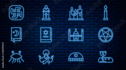 Set line First communion symbols, Pentagram in a circle, Burning candles, Jewish torah book, Holy of Koran, Jainism, Muslim Mosque and Church pastor preaching icon. Vector