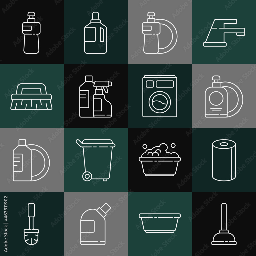 Set line Rubber plunger, Paper towel roll, Dishwashing liquid bottle and plate, Bottles for cleaning agent, Brush, and Washer icon. Vector Set line Rubber plunger, Paper towel roll, Dishwashing liquid bottle and plate, Bottles for cleaning agent, Brush, and Washer icon. Vector