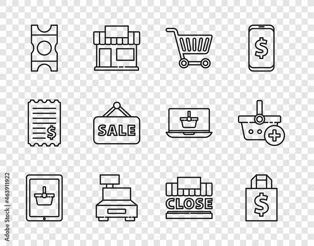 Set line Shopping basket on tablet, Shoping bag and dollar, cart, Cash register machine, Coupon, Hanging sign with Sale, building text closed and Add to icon. Vector Set line Shopping basket on tablet, Shoping bag and dollar, cart, Cash register machine, Coupon, Hanging sign with Sale, building text closed and Add to icon. Vector