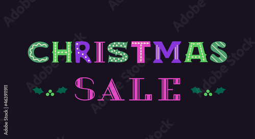 Christmas sale fancy letters vector signboard. Christmas market advertisement lettering. Xmas shopping invitation vintage design element. Winter holidays season sale template background illustration