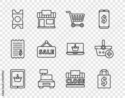 Set line Shopping basket on tablet, Shoping bag and dollar, cart, Cash register machine, Coupon, Hanging sign with Sale, building text closed and Add to icon. Vector