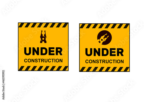under construction, w budowie, zestaw oznaczeń , żóte tablice ze szczypcami