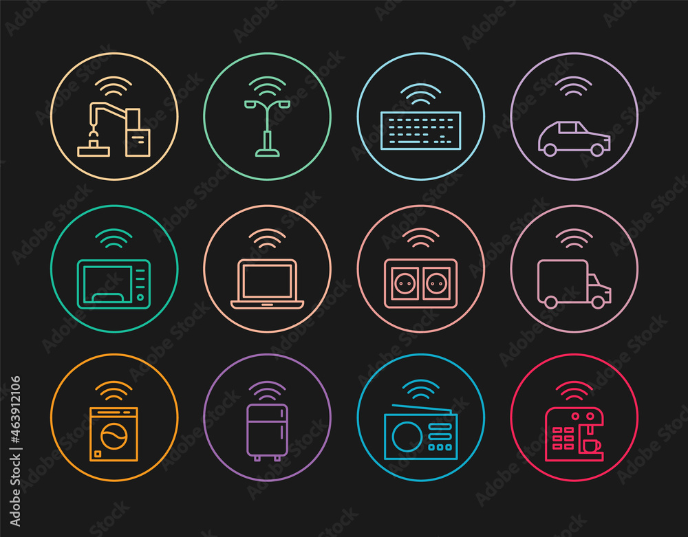 Set line Smart coffee machine, truck, Wireless keyboard, laptop, microwave oven, Robotic robot arm hand factory, electrical outlet and street light icon. Vector