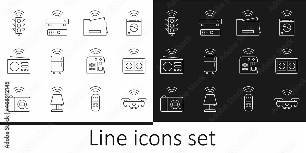 Set line Smart drone, electrical outlet, printer, refrigerator, radio, traffic light, coffee machine and Wireless TV box receiver icon. Vector