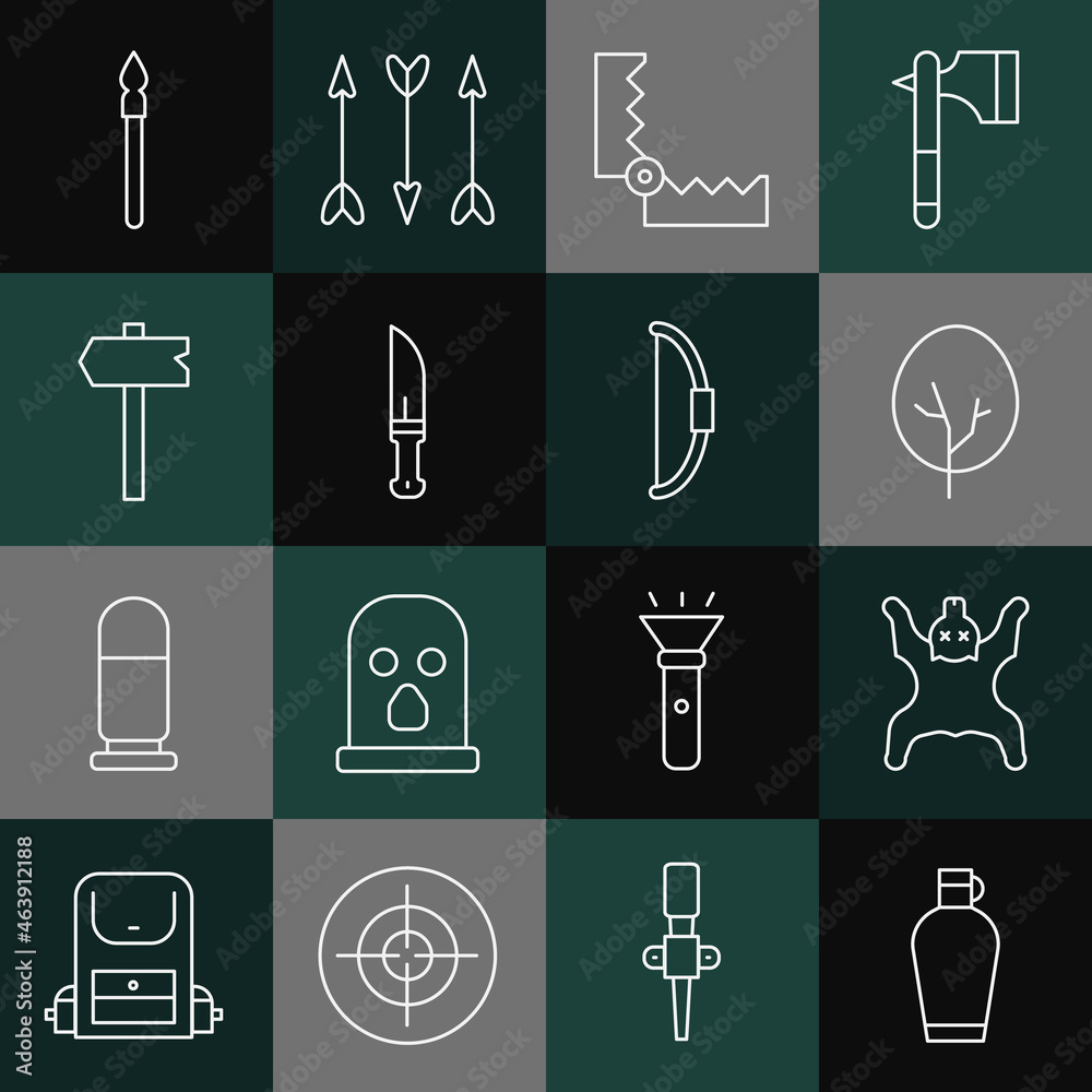 Set line Canteen water bottle, Bear skin, Tree, Trap hunting, Hunter knife, Road traffic sign, Medieval spear and Bow icon. Vector Set line Canteen water bottle, Bear skin, Tree, Trap hunting, Hunter knife, Road traffic sign, Medieval spear and Bow icon. Vector