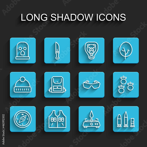 Set line Compass, Hunting jacket, Balaclava, Camping gas stove, Bullet and cartridge, Hiking backpack, Paw print and Glasses icon. Vector