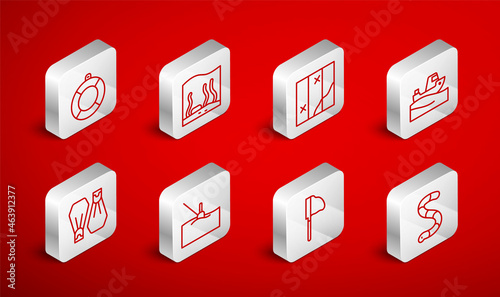 Set line Worm, Aquarium, Folded map, Fishing boat on water, net with fish, Lifebuoy, float and Rubber flippers for swimming icon. Vector