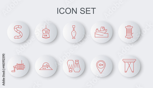 Set line Folding chair, Spinning reel for fishing, Fishing spoon, Location, Worm, net with, Fisherman hat and Rubber flippers swimming icon. Vector